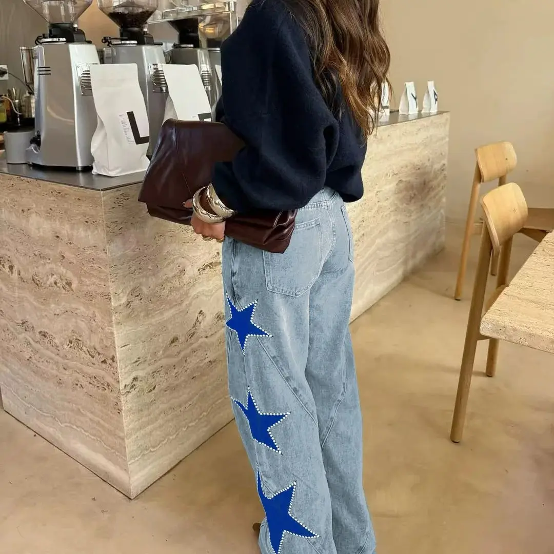 

Beaded Star Patch Wide Leg Jeans For Women Baggy Denim Pants Trendy Streetwear Casual Daily Retro Fashion Trousers