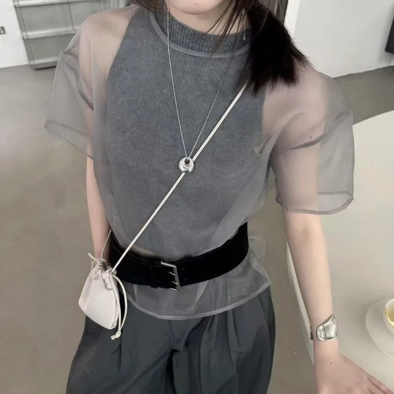

Women's Clothing Pullover Round Neck Korean Gray Mesh Top Short Sleeve Top