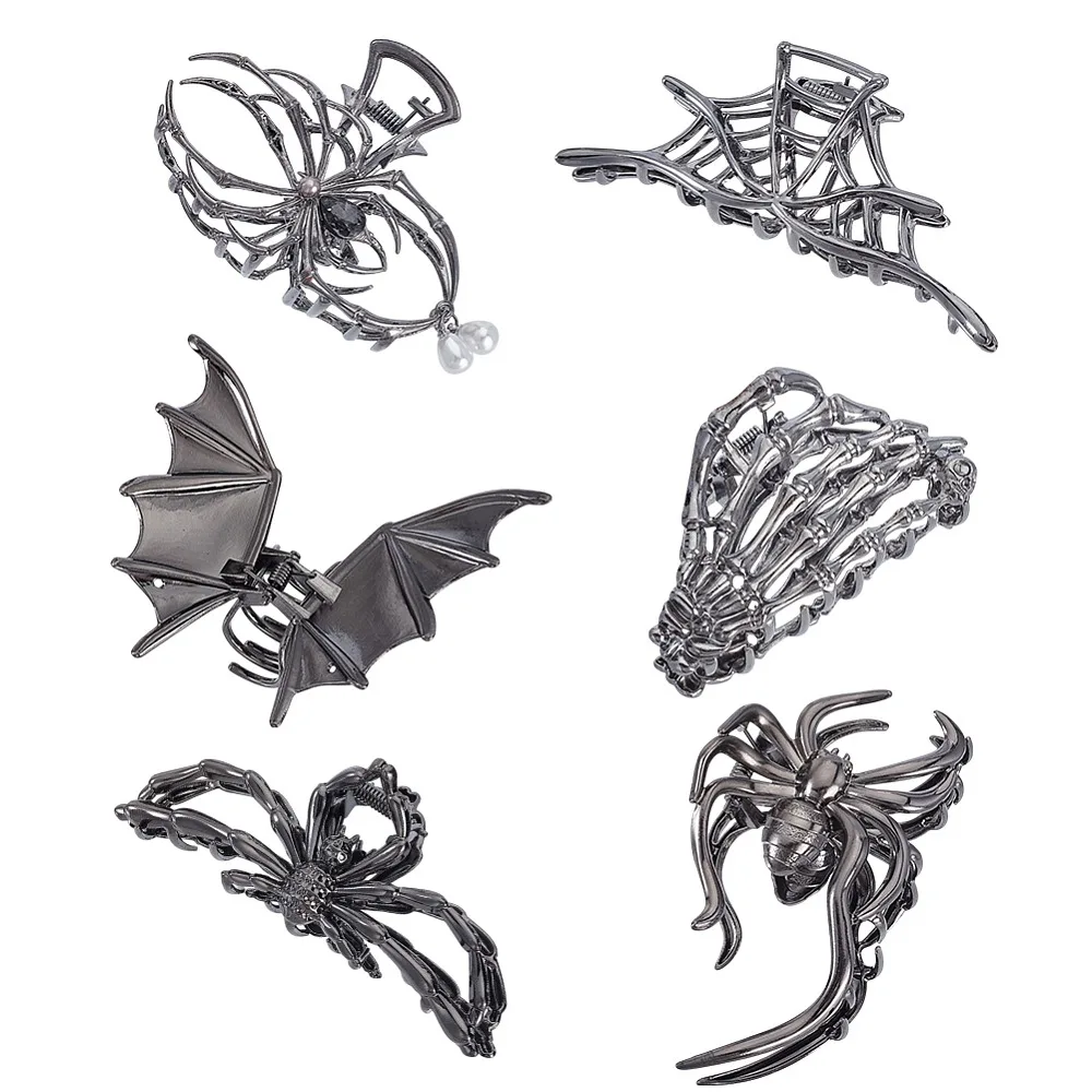

6Pcs 6 Styles Halloween Zinc Alloy Claw Hair Clips for Woman Girls Thick Hair Gunmetal Mixed Shapes 45~106x57~107x25.5~45.5mm