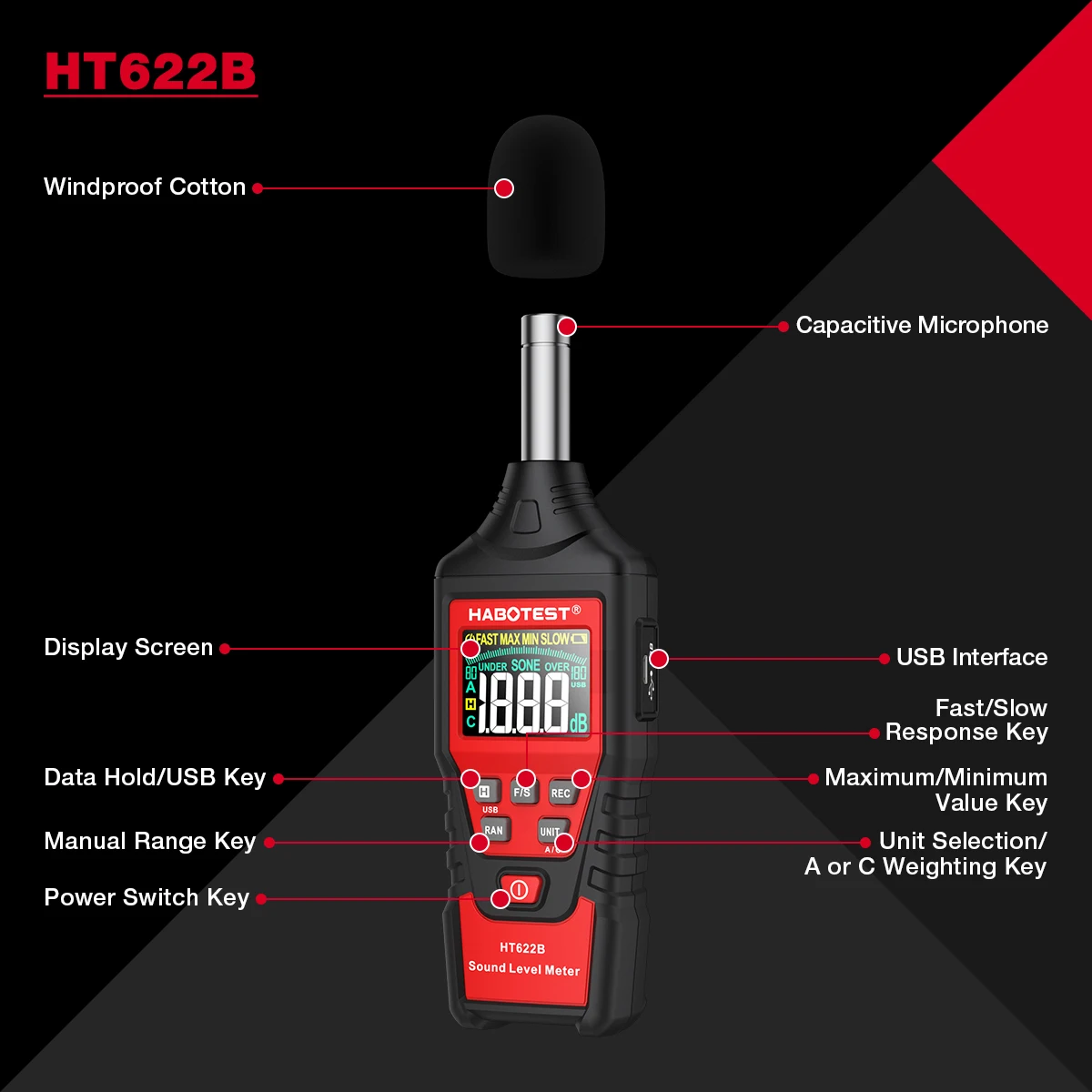 HABOTEST HT622 Digital Sound Level Meter Noise Tester Sound Detector Decible Monitor 30-130dB With USB Data Connection Function