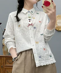 Women's Bohemian Blouse Ethnic Style Retro Embroidered Long Sleeve Shirts Cotton Vacation Shirt Top Boho Clothing