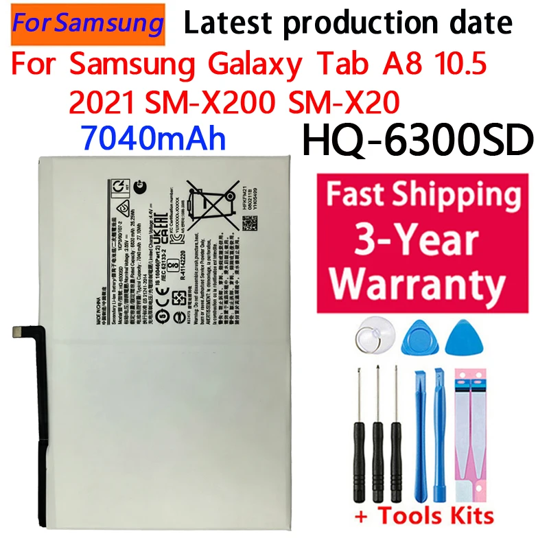 New 7040mAh HQ-6300SD/NA 3.85V Tablet Battery for Samsung Galaxy Tab A8 10.5 2021 SM-X200 SM-X205 Replacement Batteries+Tools