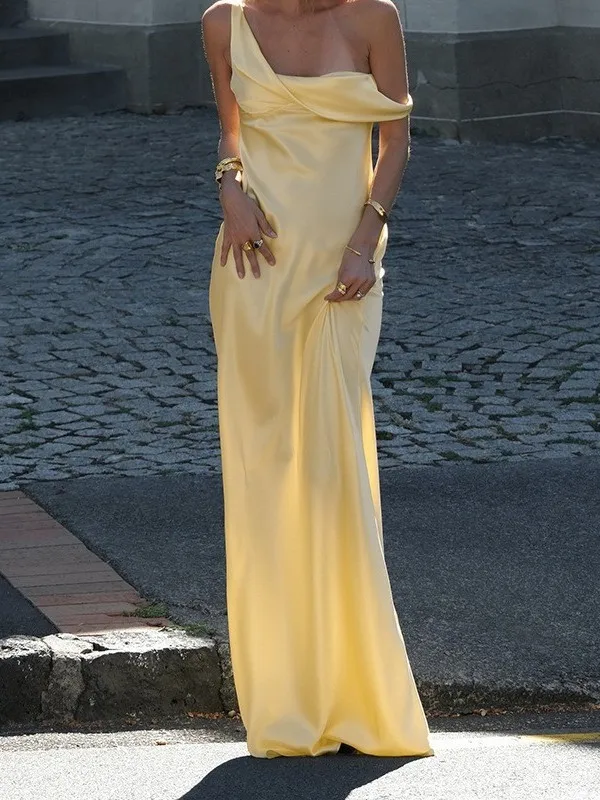 Sexy Slim Fit Satin Long Skirt with Susp Strapl High Waist Polyester Fiber  Dr European Sle  Color
