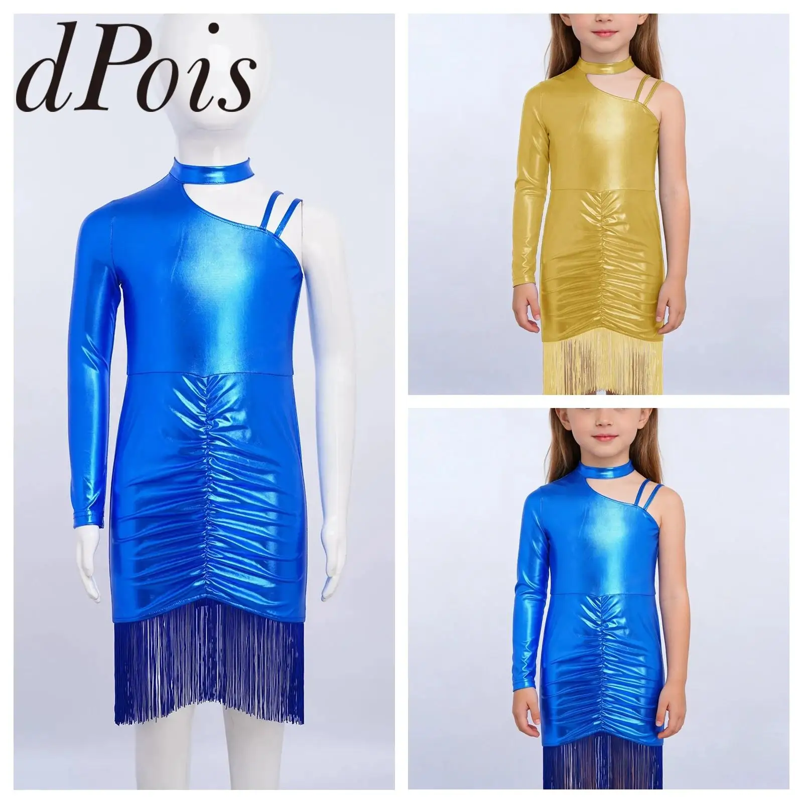 

Платье для латинских танцев для девочек, танцевальная одежда для сальсы с кисточками, костюм для выступлений на сцене, вечерние, уличная одежда, детское облегающее платье с блестками металлик