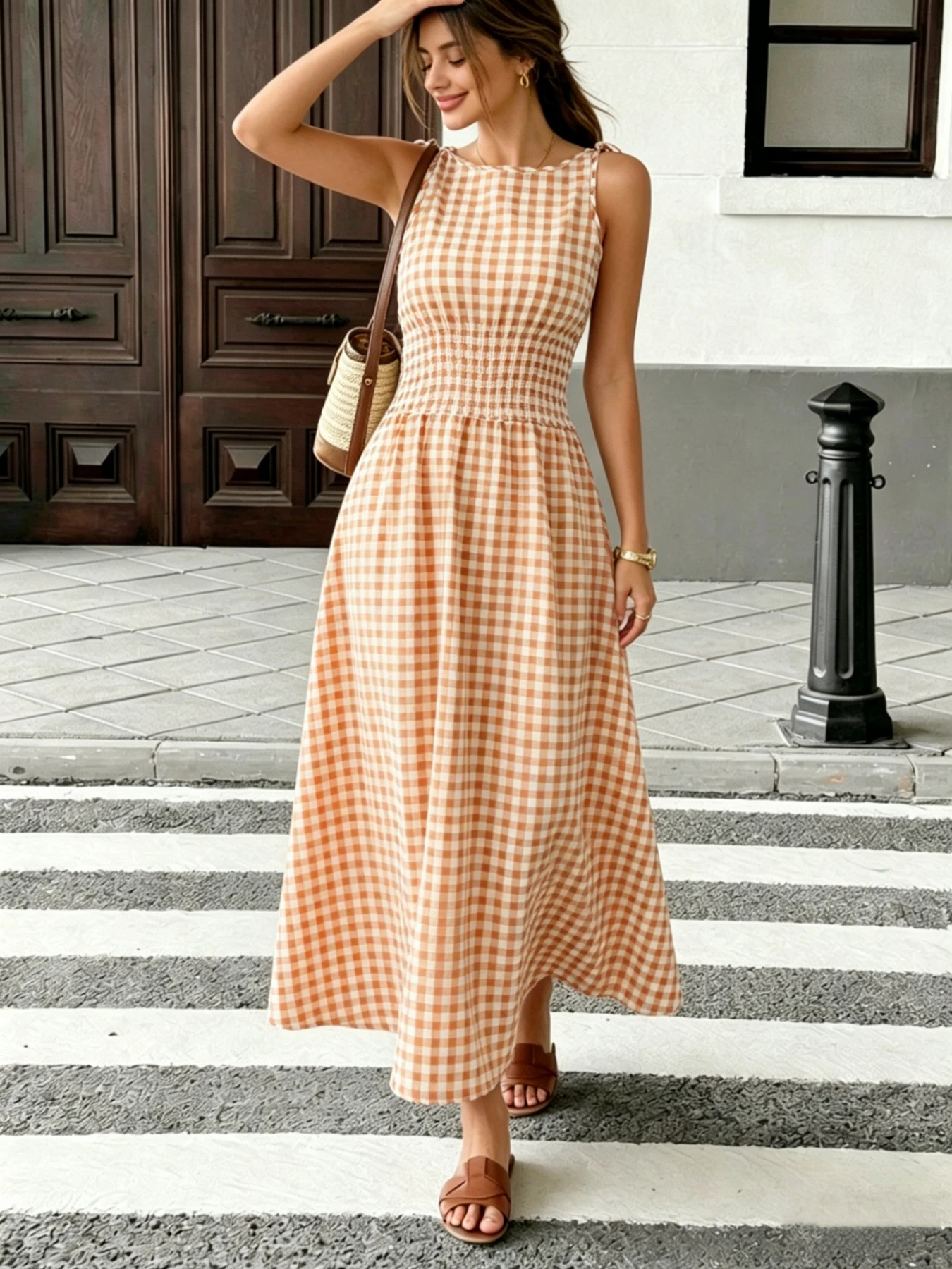Sommermode Neuer Stil Frischer Ins-Stil Vielseitiges Gittermuster Taillenzugband Langes Kleid – Detail 3