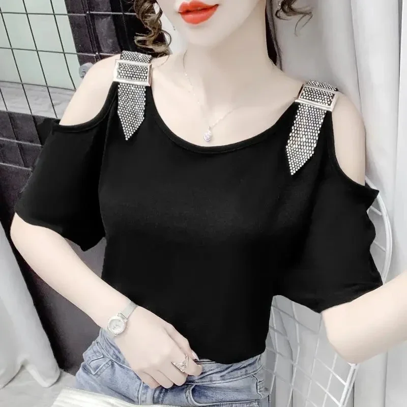 

Rhinestone Off Shoulder Fashion Women's T-shirt Summer Casual Slim Short Sleeve Tee Female Slimple Chic Shiny Sling Tops Ladies