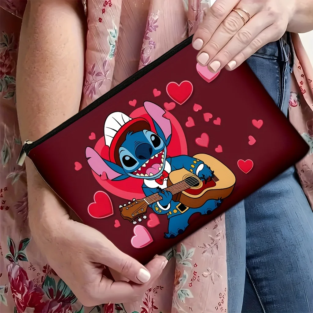 디즈니 스티치 기타 연주 메이크업 가방 - 생동감 넘치는 빨간색과 분홍색 하트 디자인 - 여성용 귀엽고 다용도 지퍼 파우치, 보석 보관 가방, 완벽한 여행용 지퍼 파우치