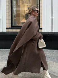 Women Brown Long Scarf Coat With Pocket Casual Loose Single Breasted Warm Overcoat Winter Chic High Street Female Outwear