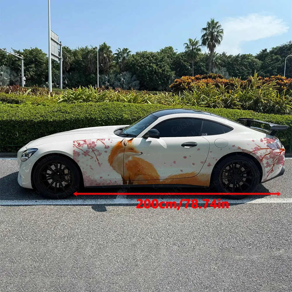 2pcs Spring Cherry Grove Fox Car Side Wraps, Self-Adhesive PVC Waterproof & Scratch-Resistant Stickers, Car Accessory Gift