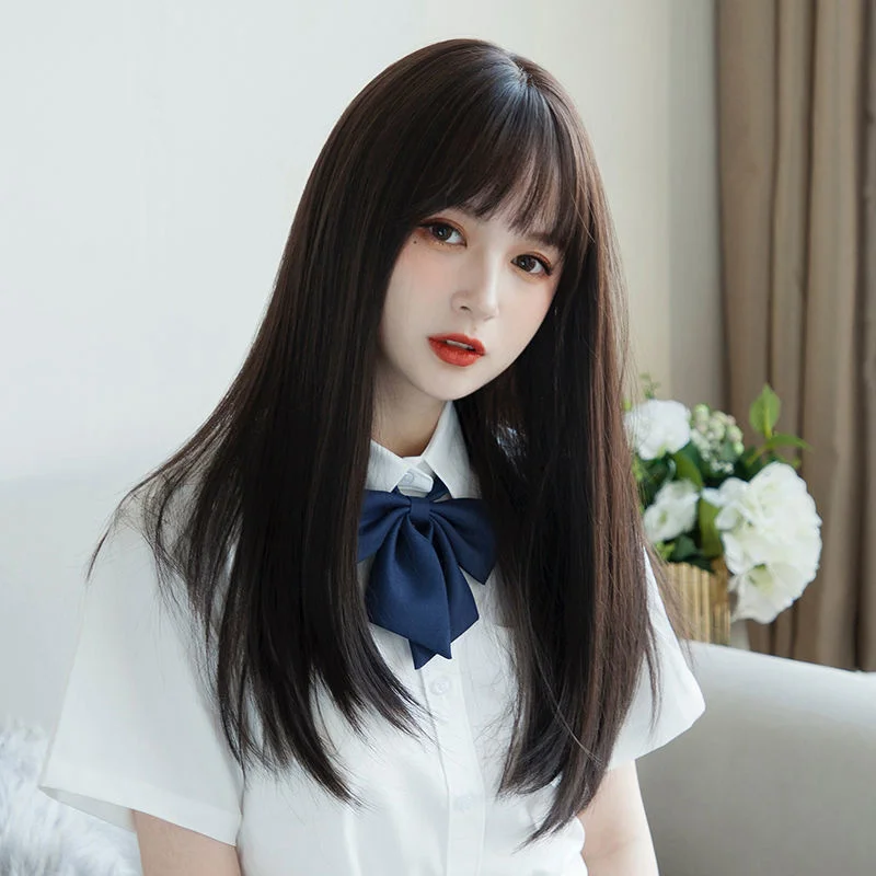 Korea Hair Extensions Synthetic Cute JK Girl Cosplay Air Bangs Wig Breathable Head Cover 50cm Long Straight Wig Hat for Women