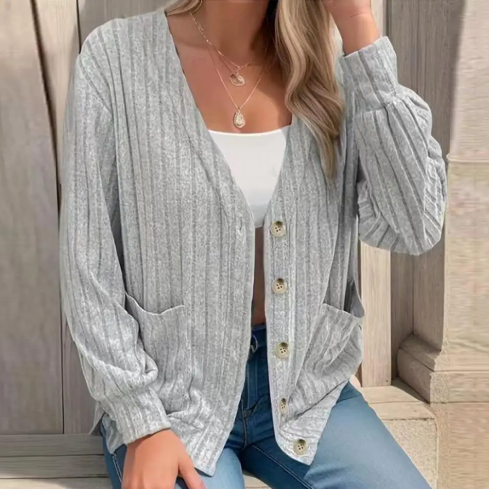 Loose Long-sleeved Cardigan Women Jacket Stylish Women's Knitted Cardigan Coat Soft V Neck Solid Color Long Sleeve for Fall