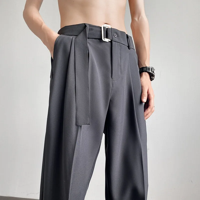 2026 autumn new black straight leg men's casual pants with a hanging feeling, versatile waistband pants, men's loose wide leg tr
