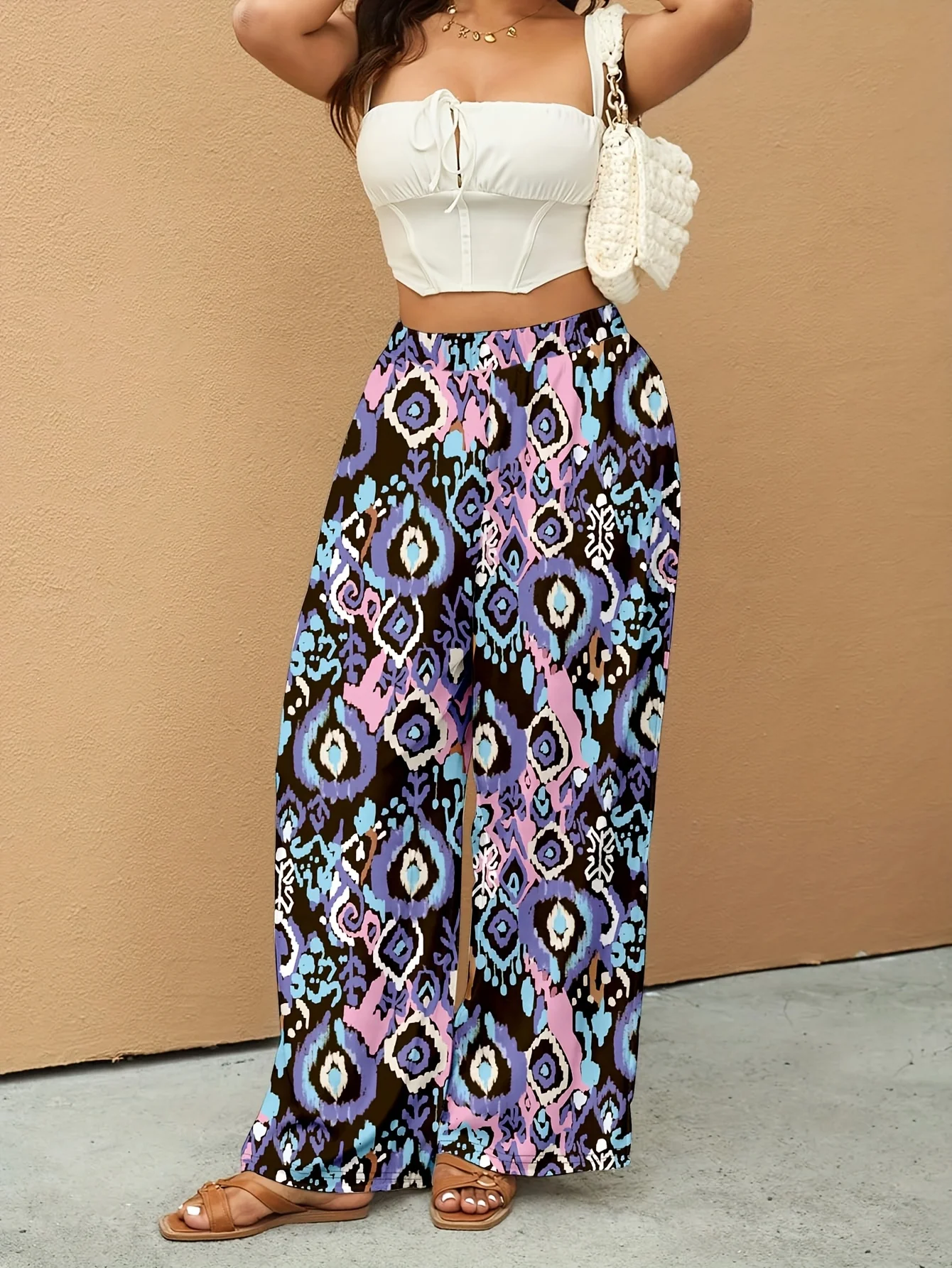 Elegant Geometric Print Wide-Leg Pants Suitable for Casual & Professional Wear