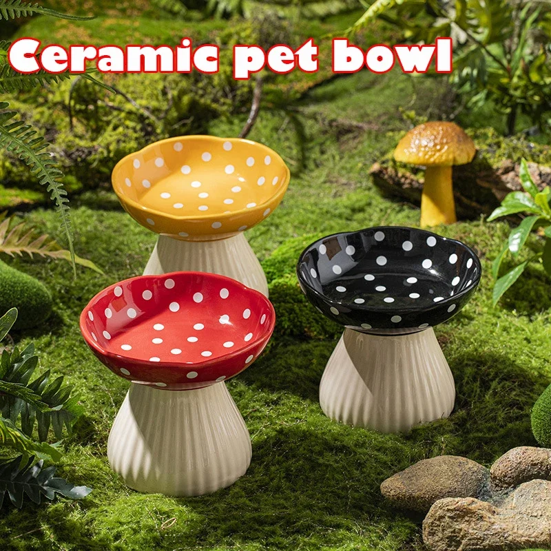 Cat Bowl Ceramic Mushroom Shaped Protect Neck Anti Knock Over Pet Supplies Dog Cat Rice Bowl Drinking Feeder