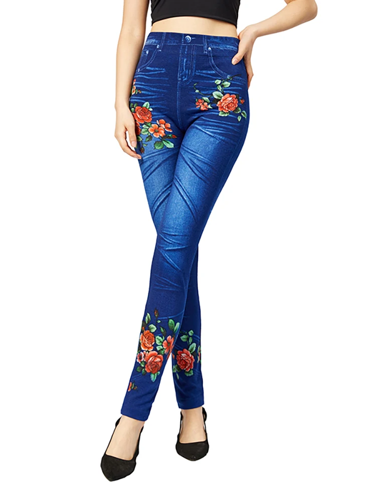 YRRETY Blue Floral Print Jeggings Faux Jeans Women Slim Fit Elegant Pencil Pants Plus Size Stretchy False Denim Legging Dropship