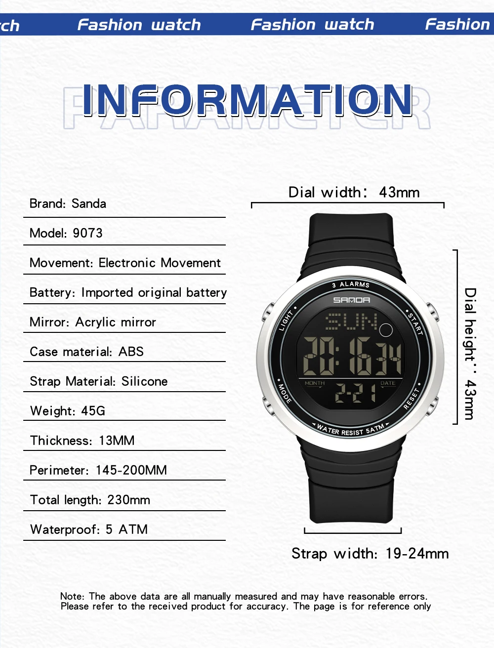 SANDA 2025 New Fashion Student Electronic Watch Large Dial Waterproof LED Student Digital Electronic Watch 9073