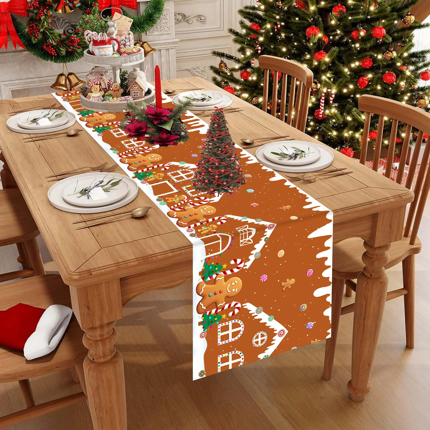 Christmas Table Runner Gingerbread Man House Candy Cane Design Xmas Holiday Kitchen Dining Table Decor Home Party Decoration