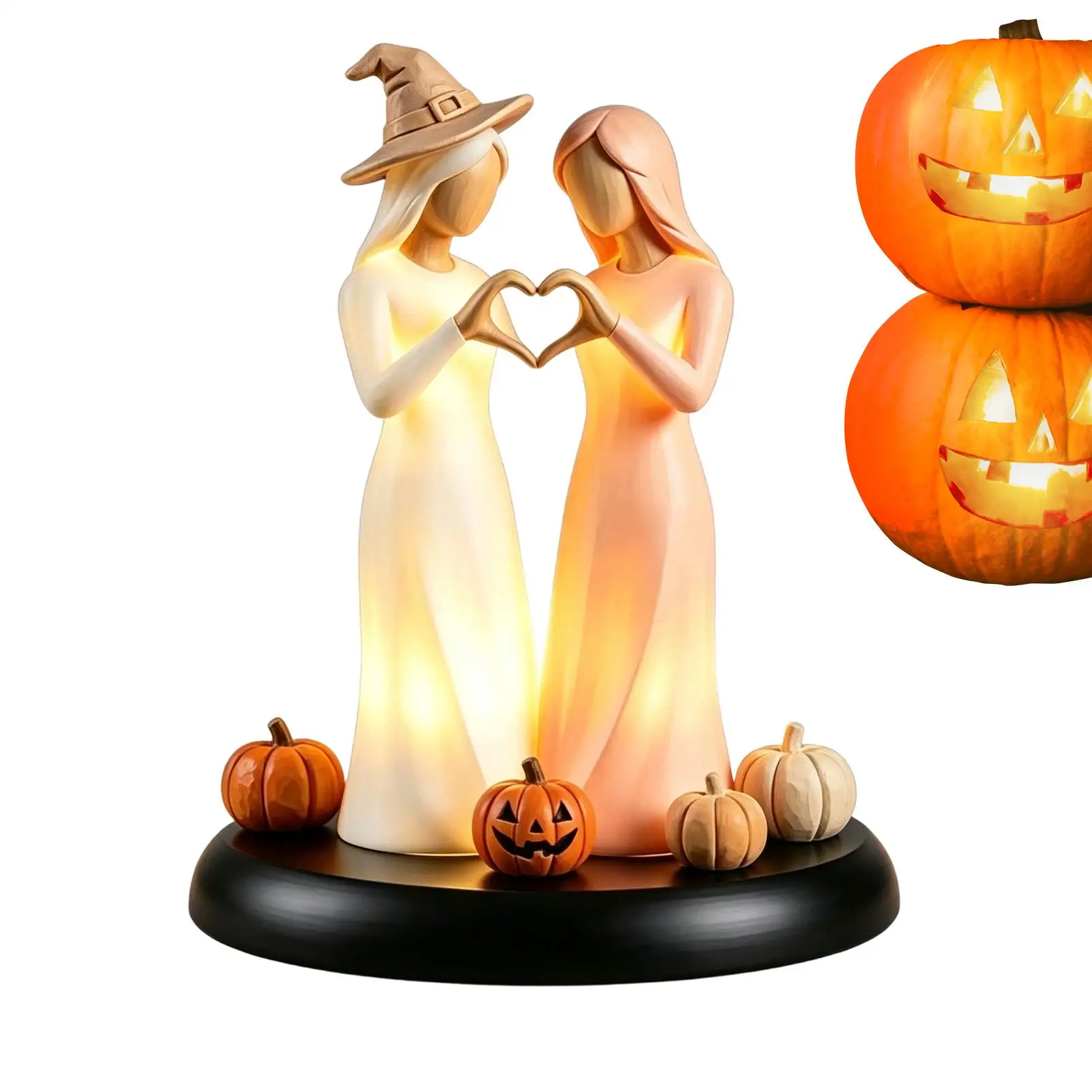 Ornements Lumineux Sœurs Fantômes Faits Main en Résine, Sculptures d'Amitié avec Lampe LED Citrouille à Lumière Chaude pour Fête d'Automne Intérieure