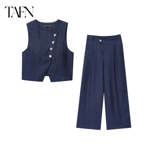 Conjunto de pantalones TAFN de dos piezas, nuevo traje sin mangas, chaleco con hebilla Diagonal, chaleco elegante de oficina para mujer, pantalón informal asimétrico de cintura alta