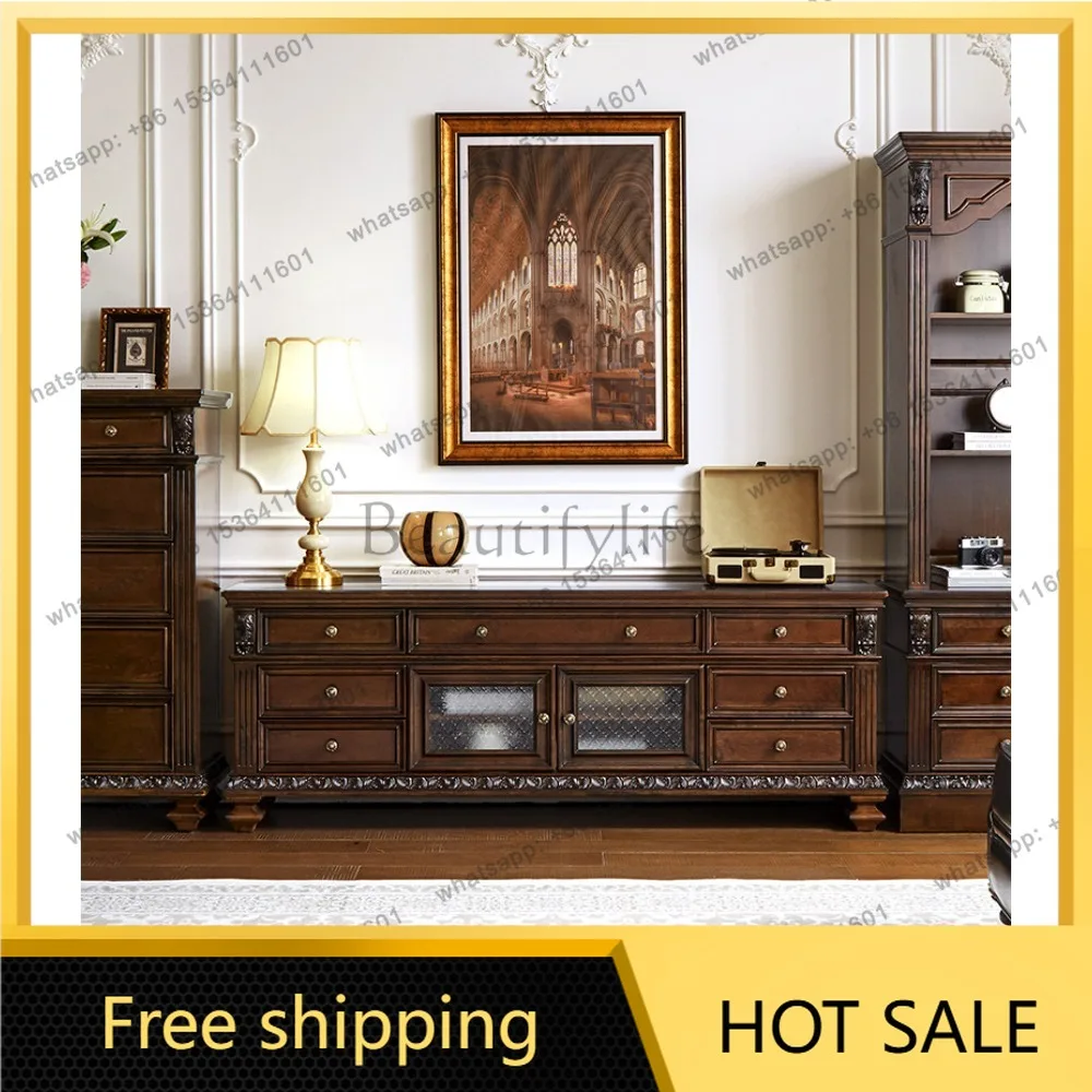 Hot pure solid wood large American TV cabinet high-end French retro classical European engraved video cabinet