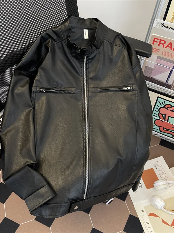 

Мужская куртка из искусственной кожи в американском стиле с воротником-стойкой, весна-осень 2025, новая свободная мотоциклетная куртка в стиле ретро