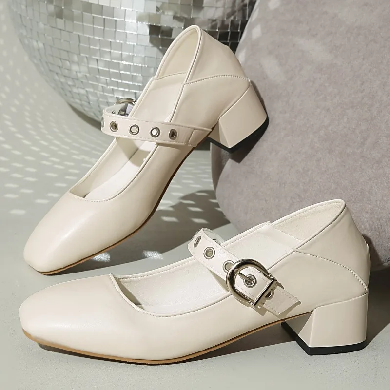 

New Spring Women's Low-Top Buckle Shoes Luxurious Metal Designer Mary Jane Shoes Comfortable Shopping Chunky Heel Casual Shoes