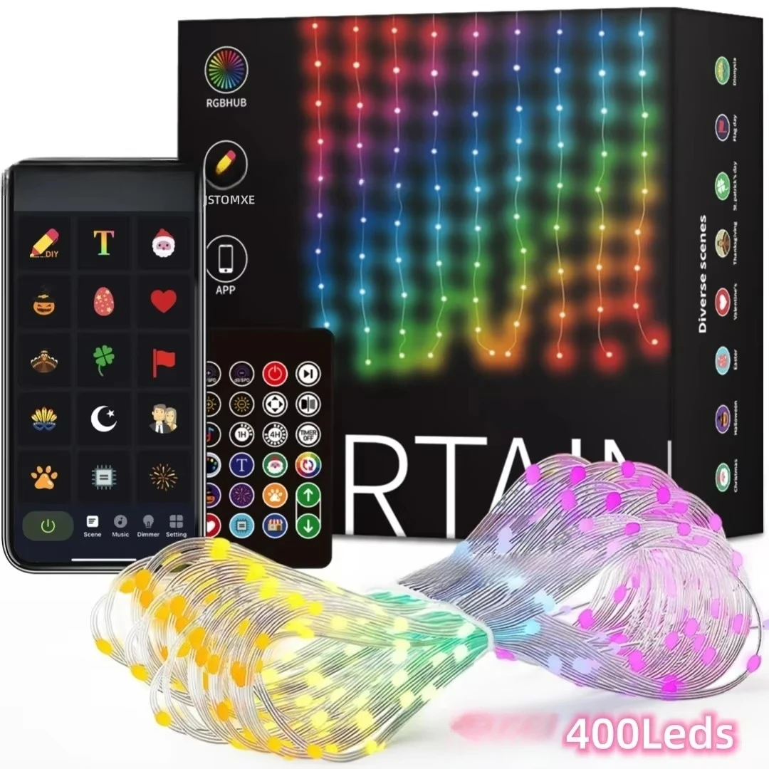 新しい 400Led ダイナミックパターン DIY カーテンストリングライト USB スマート LED カーテンライト アプリ & リモート付き 寝室のクリスマス装飾用