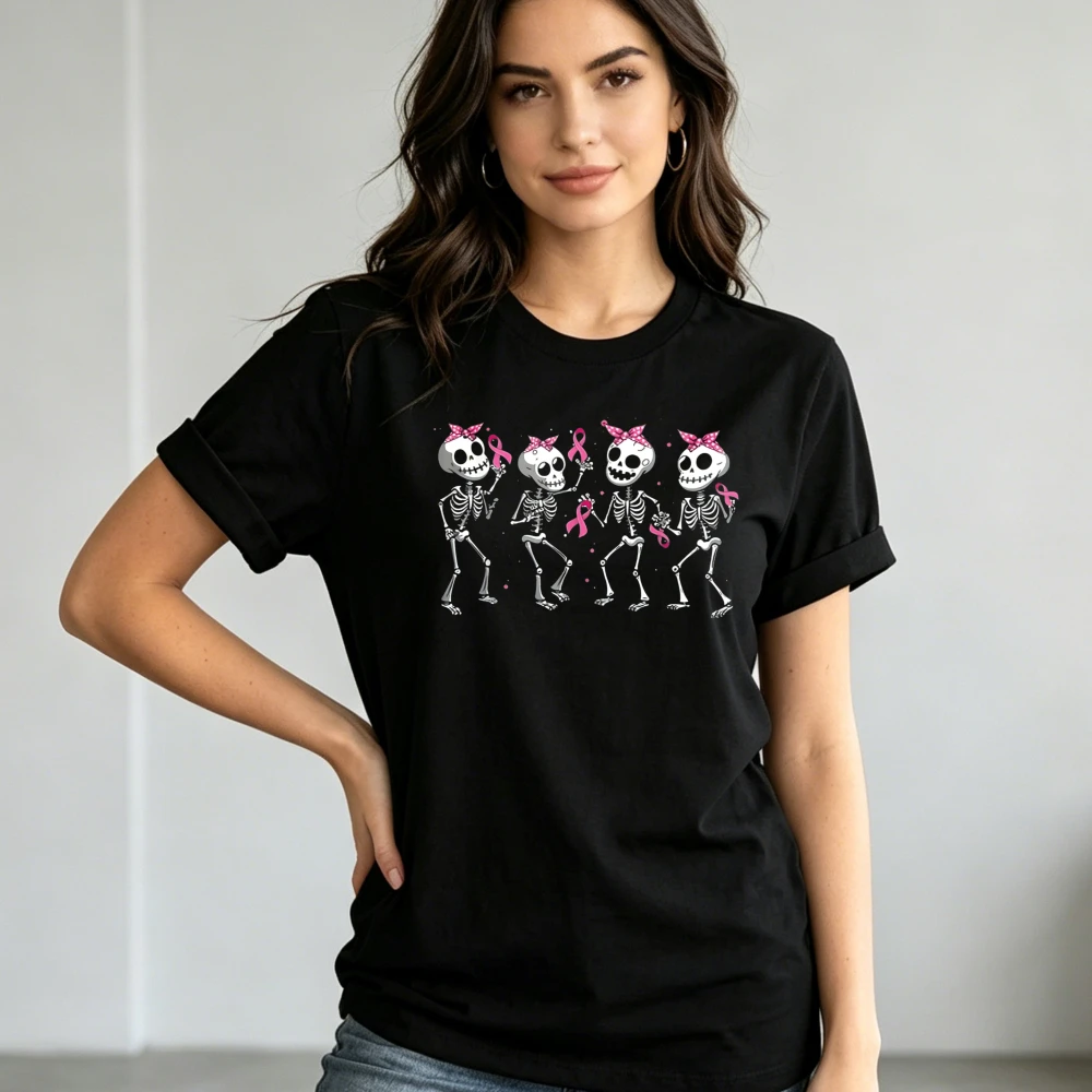 Pink Ribbon Breast Cancer Awareness Skeleton Women T Same Style for Men and Women 2026 Summer Short-sleeved Printed Tshirt Pure