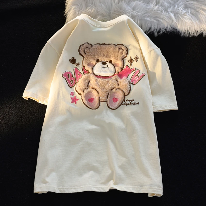 Cotton Cute Plush Bear Embroidered Short Sleeve T-shirt Women\'s Summer Niche Couple Loose Cartoon Top Kawaii Clothes Tees