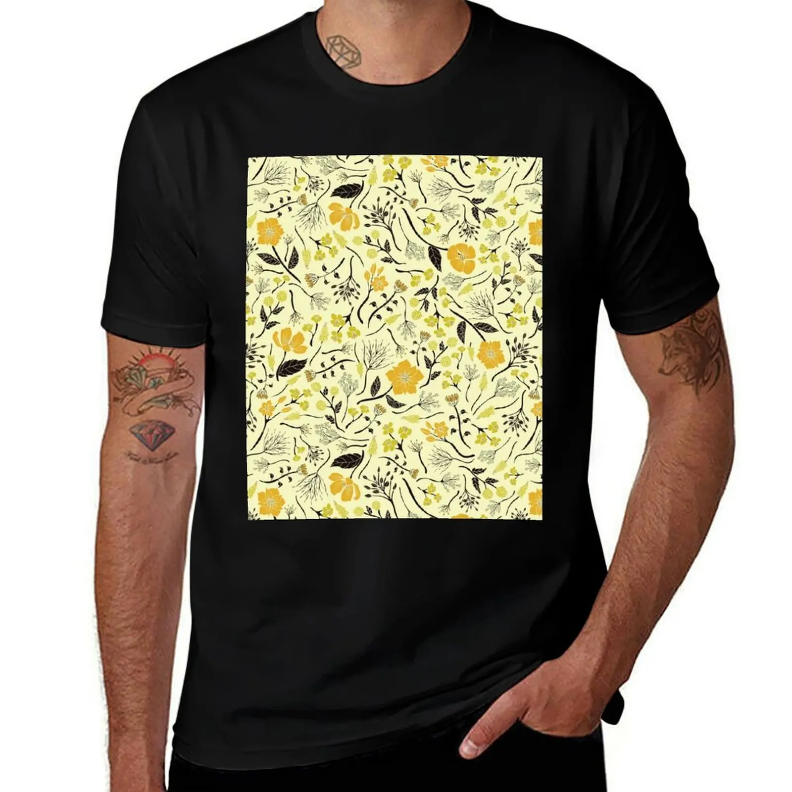 Yellow, Green & Black Floral/Botanical Pattern T-Shirt Casual Graphic Print Tee T-Shirt