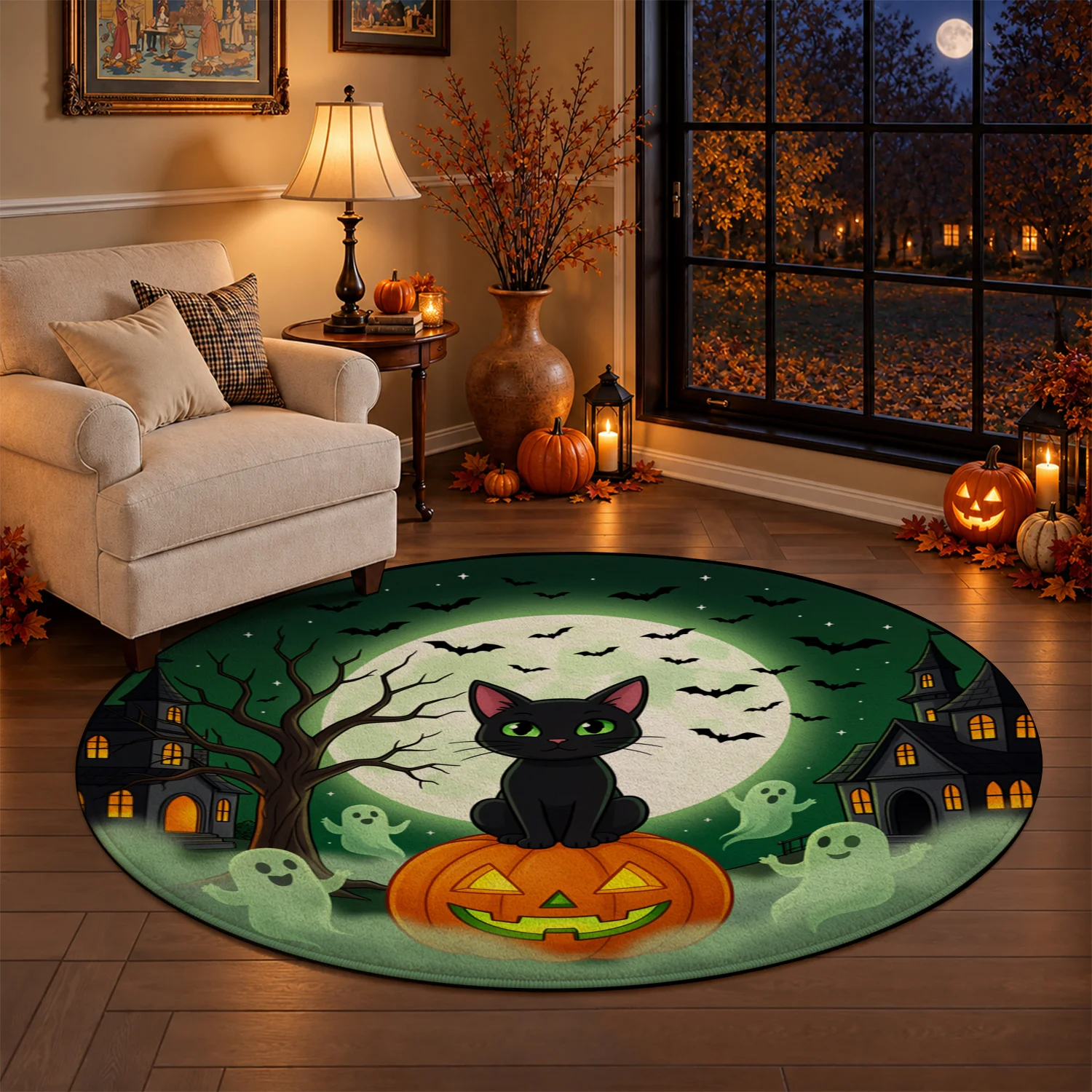 Halloween Black Cat Pumpkin Ghost Bat Print Circular Velvet Rug, Soft Machine Washable Durable Floor Mat for Living Room Bedroom Entryway, Festive Decor for Halloween Thanksgiving Christmas New Year, Ideal for Black Friday Cyber Monday