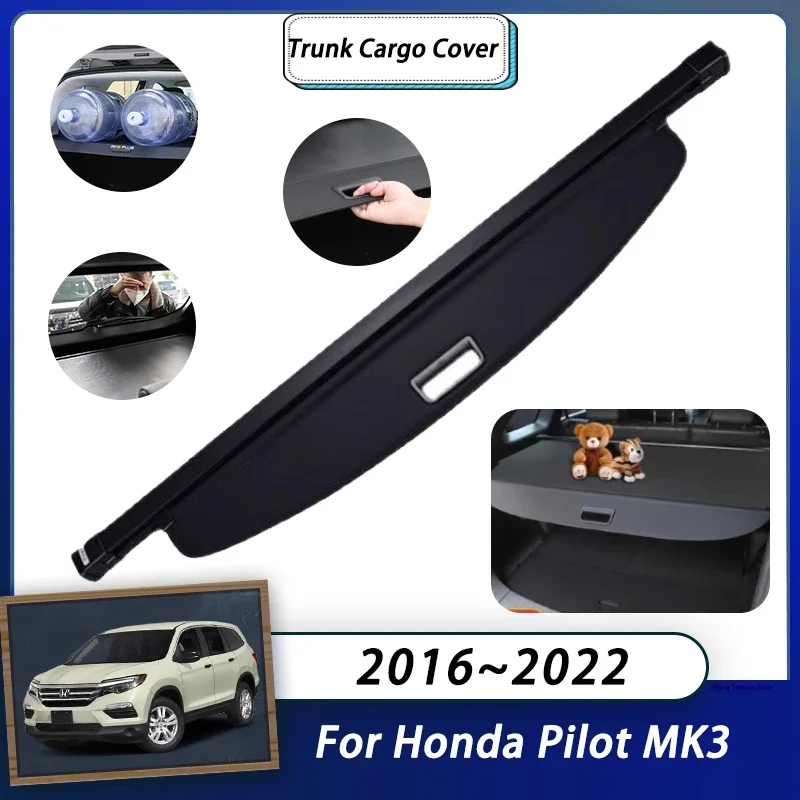 Rear Cargo Cover For Honda Pilot YF5 6 MK3 2016 2017 2018 2019 2020 2021 2022 Trunk Luggage Curtain Retractable Shielding Auto