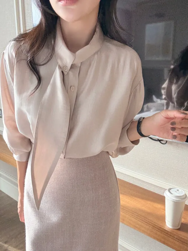 Elegancka długa bluzka z kołnierzykiem, warstwa bazowa dla kobiet, koreański styl, uniwersalna, modna bluzka do botków.