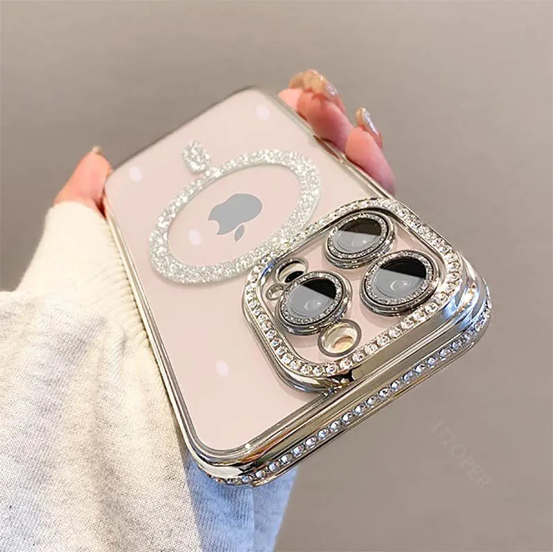 Luxury Magsafe Magnetic Wireless Charging Phone Case For IPhone 11 12 13 14 15 Pro Max Plus New Diamond Lens Protection Cover