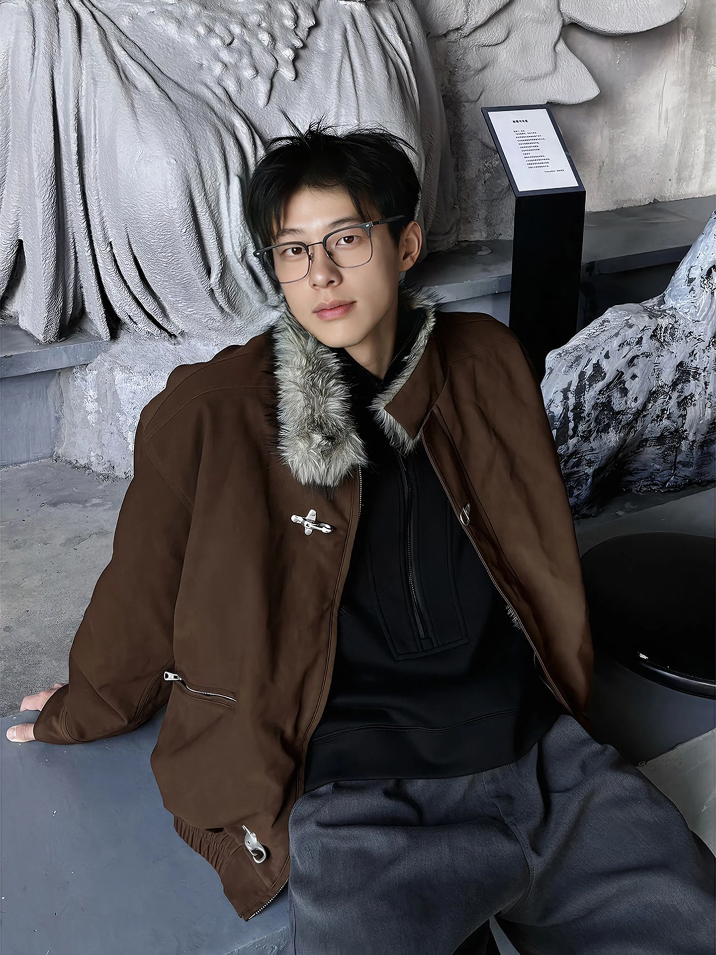 

Thiened Winter Jaet Men's American Sle Brown Stand Collar Coat Warm Fce Lined Stand Fit Casual ort Sle Zipper