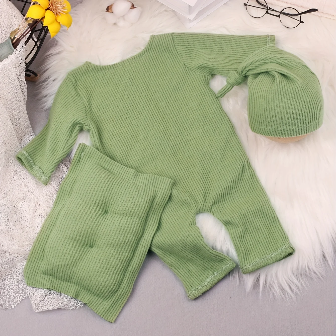 3 Pieces Set Newborn Boy  Photo Shooting Outfits Patch Pocket Jumpsuit Tail Hat Set with Pillow Baby Photography Clothes