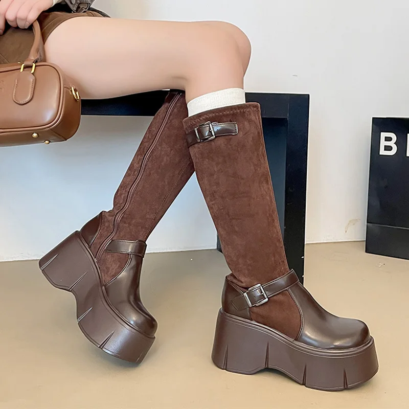 

Женские ботинки на платформе, дизайнерская брендовая обувь на плоской подошве, модные уютные высокие сапоги до колена 2025 года, повседневные прогулочные женские ботинки «Челси»