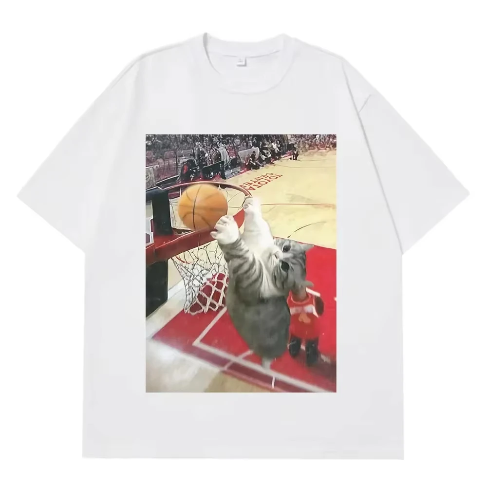 Unisex Summer High Quality Oversized Loose Casual T-Shirt, Vintage Funny Cat Dunking Basketball Meme Women And Men T-Shirt
