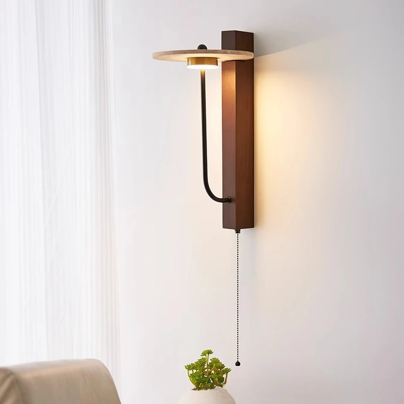 

Japanese style silent wind yellow travertine lamp living room bedroom room study background wall with switch led wall lamp