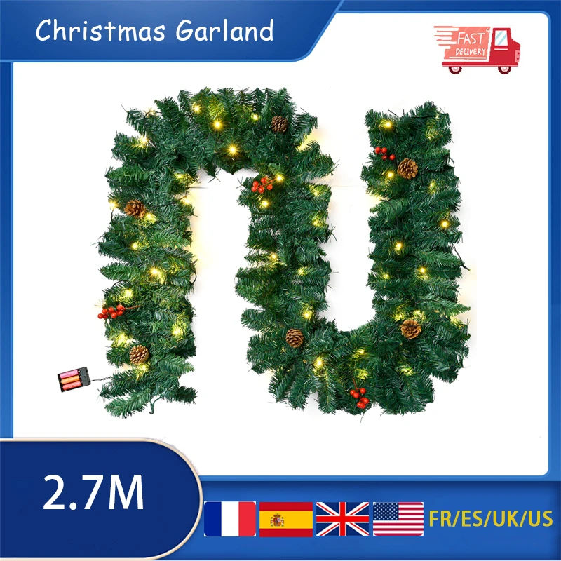 

2.7M Christmas Garland with Lights for Stairs Fireplace Xmas Decorated Garland Ornament with Flower Baubles