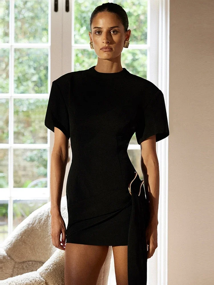 

Summer Short Sleeve Beach Vacation Mini Dress Outfits Bodycon Women Streetwear Metal Buckle O Neck Dresses Vestido Party Club