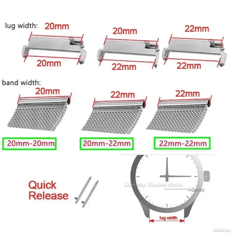 2개 시계줄 어댑터 20mm에서 20mm, 22mm에서 22mm, 22mm에서 20mm 퀵 릴리즈 핀 커넥터 시계줄 스프링 바 액세서리