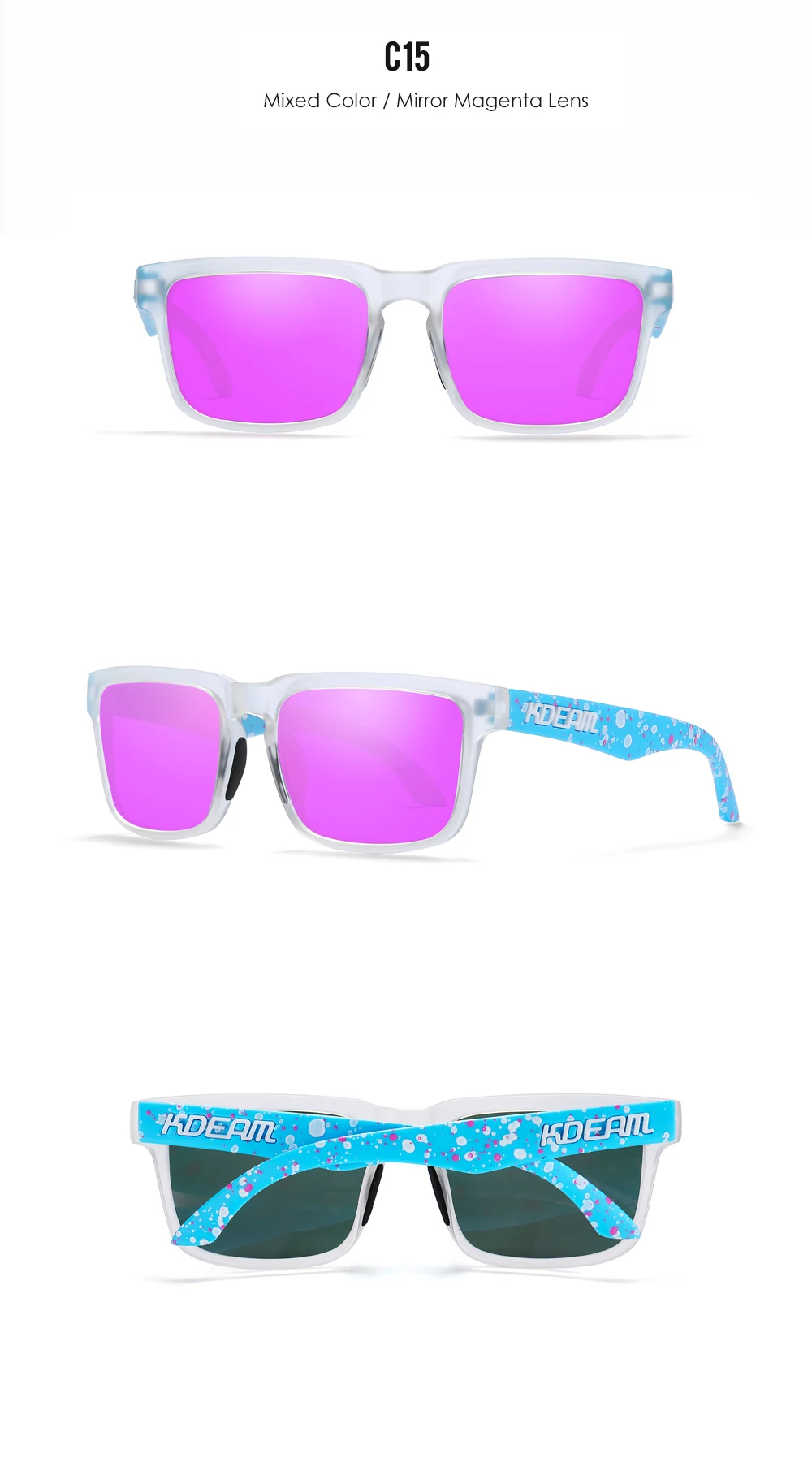 Neue hochwertige quadratische Sonnenbrille für Herren der Marke KDEAM, farbige Sport-Polarisations-Sonnenbrille mit reflektierender Beschichtung und verspiegelten Gläsern – Detail 36