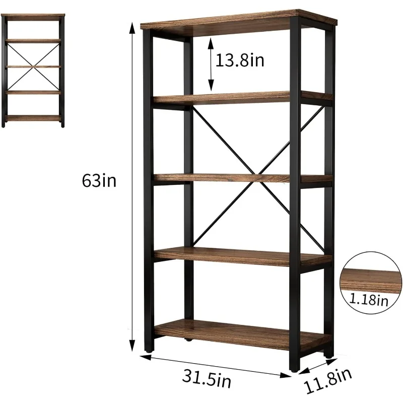 5 Tier Industrial Solid Wood Bookshelf, Open Etagere Bookcase with Metal Frame,Metal and Wood Bookshelf Furniture (AY01-5tier)