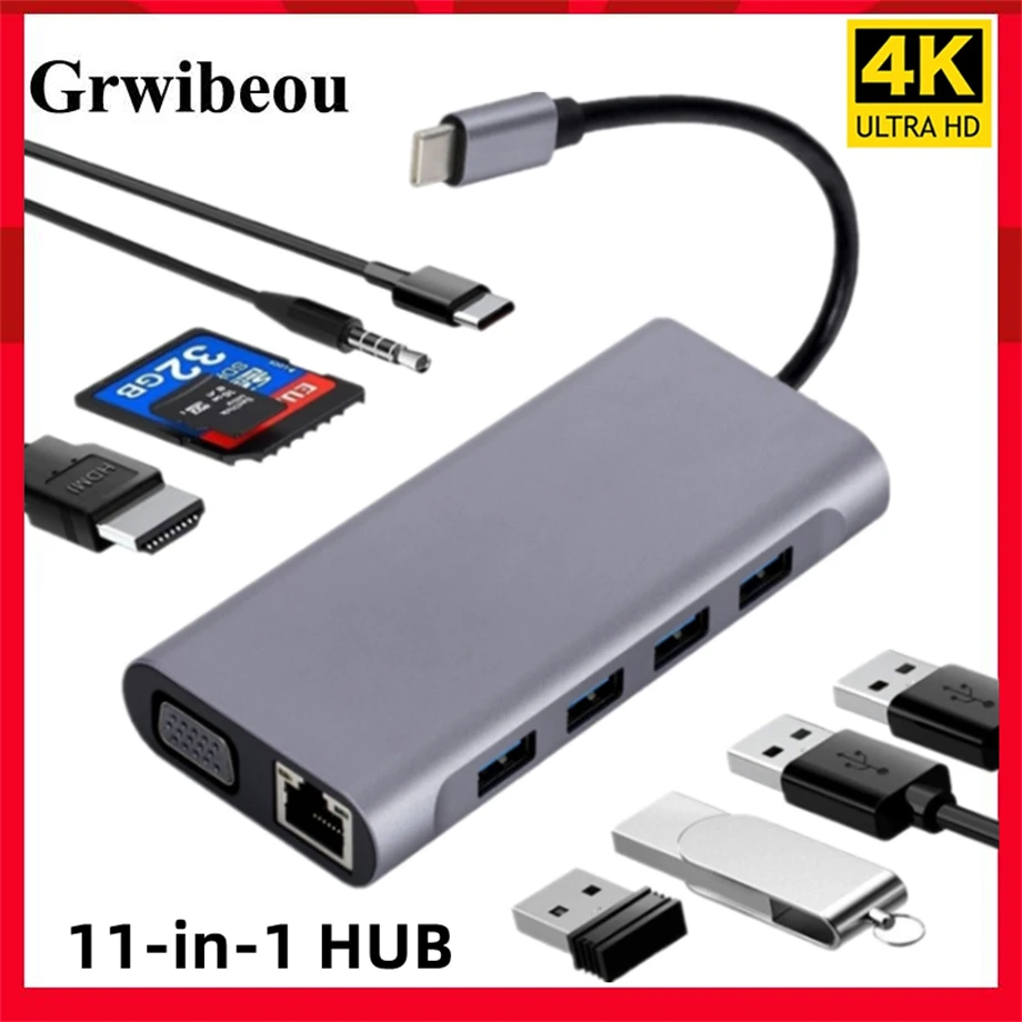 

USB C HUB 4K 30Hz Type C to HDMI-compatible USB 3.0 Adapter 11 in 1 Type C HUB Dock PD VGA USB-C Splitter for MacBook Pro Air