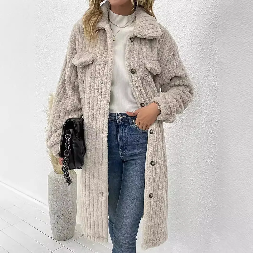 Women's Autumn Winter Furry Collar Plush Jacket Commute Style Cotton Lined Long Sleeve Ultra Short Length Thickened Coat