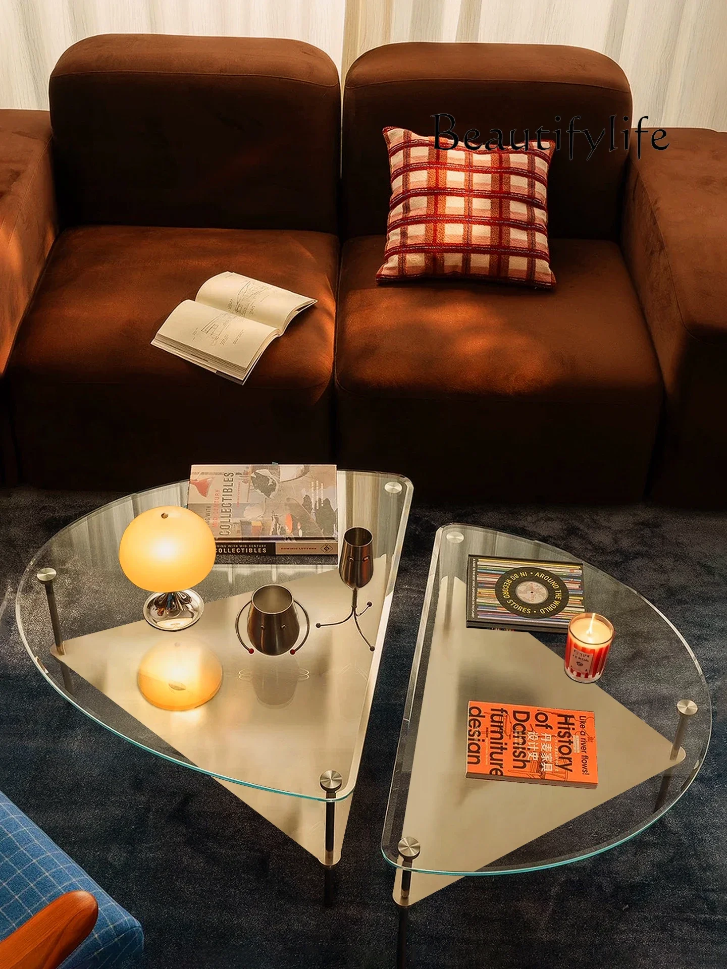 L Modern light luxury small apartment module glass coffee table medieval household living room sofa low table double-layer stora