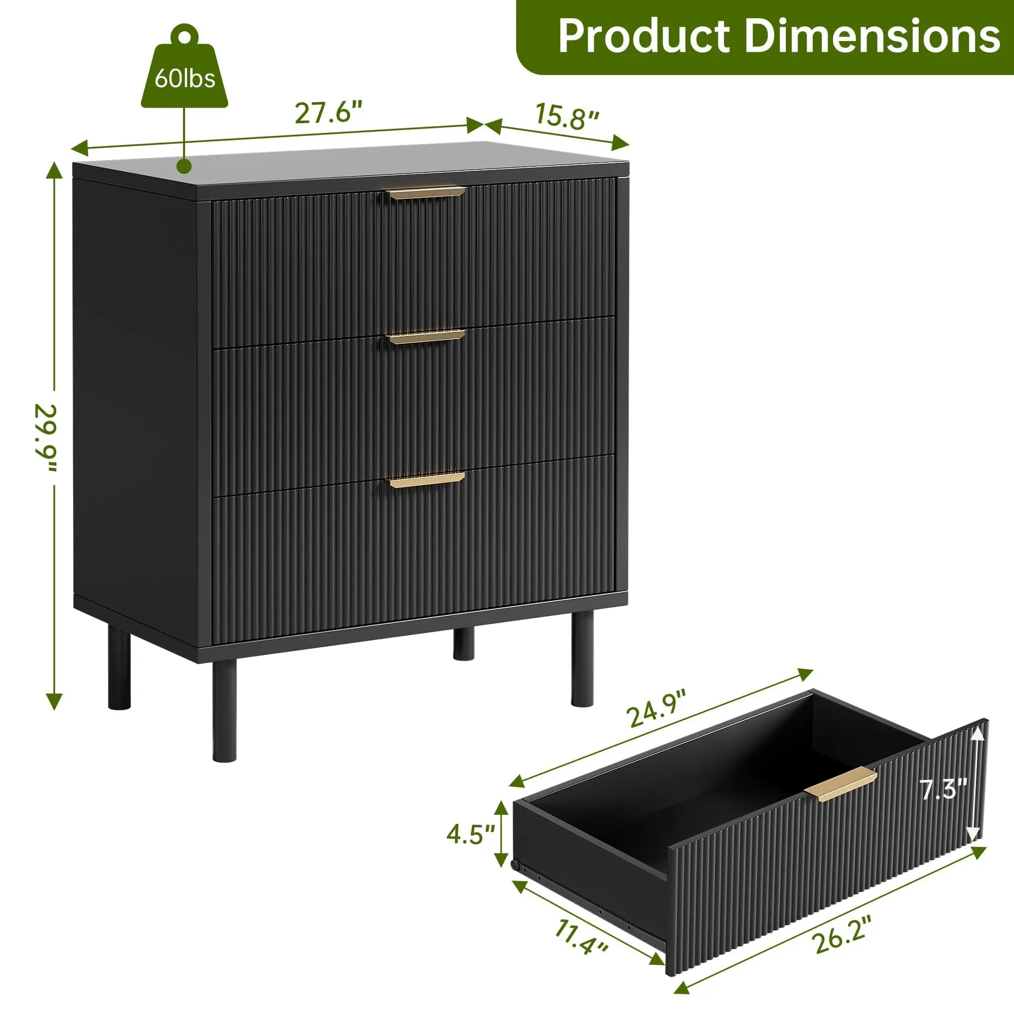 GarveeLife Fluted Chest of Drawers 3 Drawers 70 X 40 X 76 cm - Modern Style Wooden Storage Unit, Metal Legs/Handles - Anti-Tipping Device, Bedroom/Entryway/Living Room
