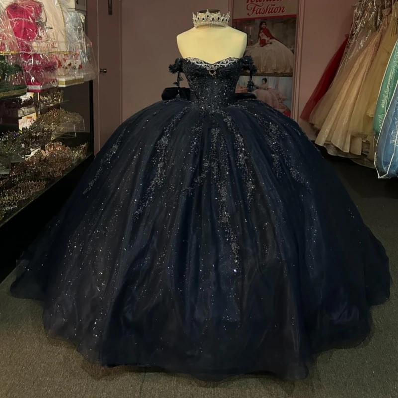 

Темно-синее блестящее платье принцессы Sweet 16, платье Quinceanera, платья с блестками и аппликацией, корсет с бисером, тюлевые платья для вечеринки, дня рождения, 15