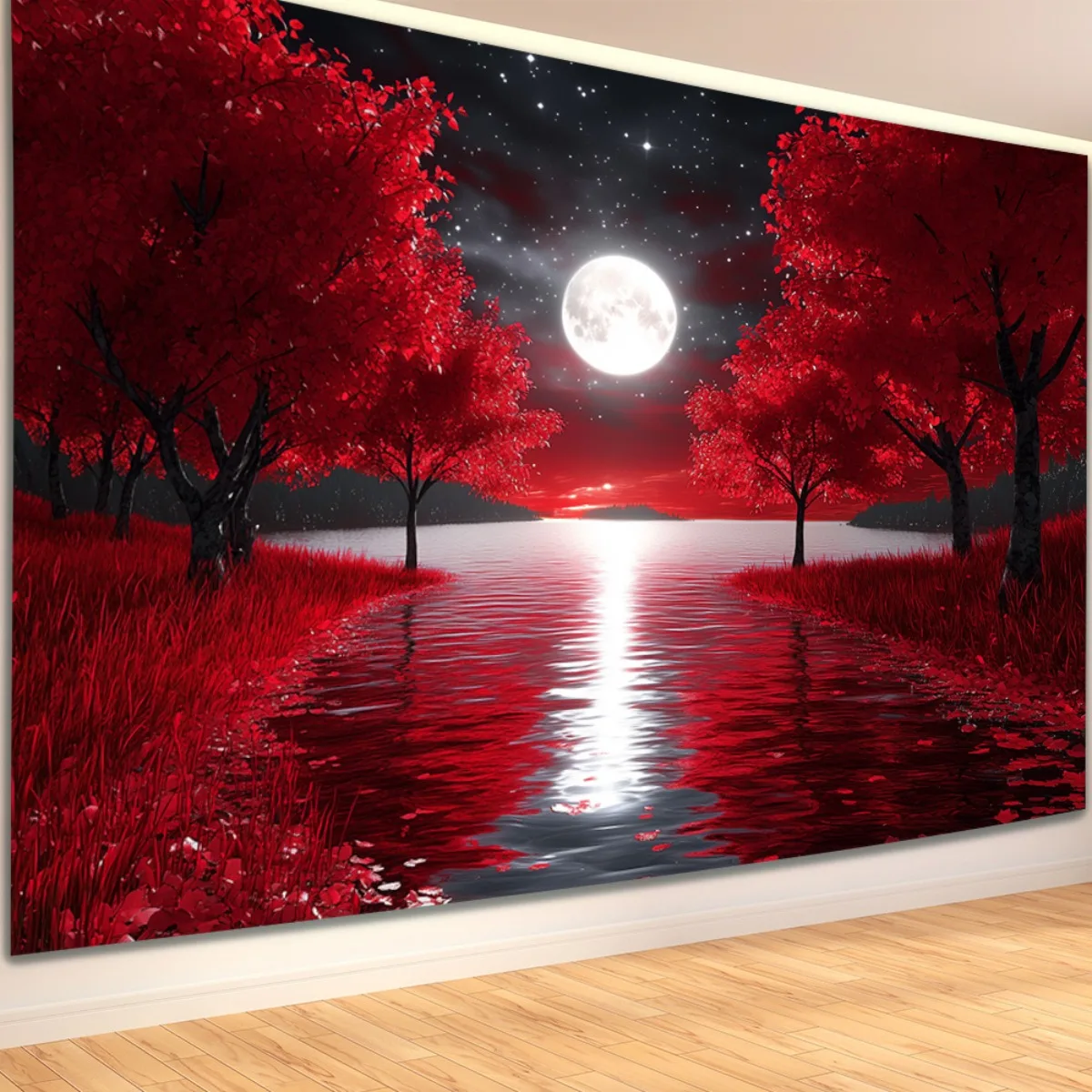 Red Moon Lake Tapestry, Vibrant Red Trees and Full Moon over Water, Dreamy Night Landscape Wall Hanging for Bedroom Living Room